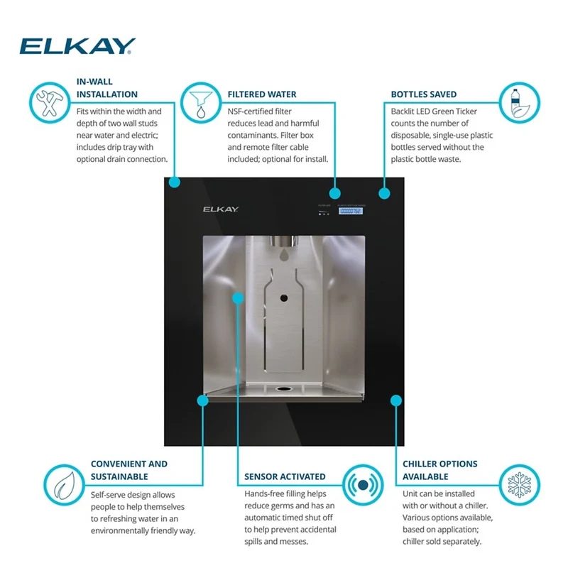Robinet d'eau glacée mural Elkay LBWD2C00 - Robinet d'eau automatique pour bouteille d'eau - Robinet d'eau potable sans contact