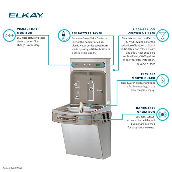Fontaine à eau sans contact Elkay LZO8WSS2KN avec remplissage ultra-rapide des bouteilles – Acier inoxydable – Idéale pour les écoles et les salles de sport | Jusqu'à 5,7 litres par minute – Max. 30 L/h