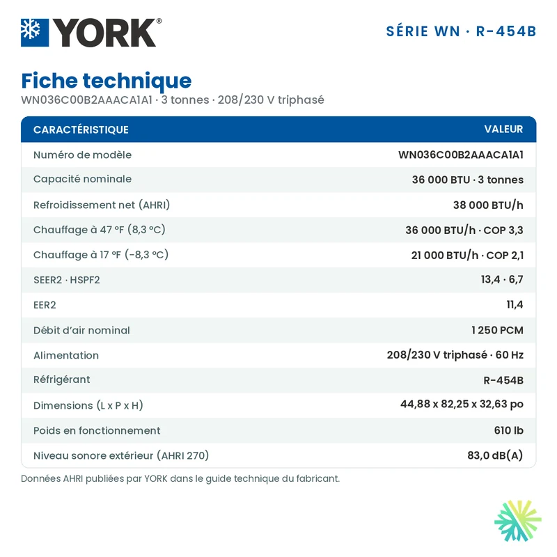 Thermopompe Monobloc York WN de 3 Tonnes Triphasé | Montréal, Laval, Longueuil, Rive Sud et Rive Nord
