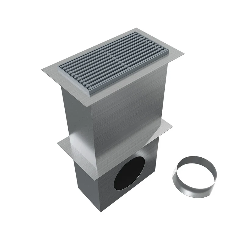 Grille de sol de 300 x 150 mm en aluminium laqué gris RAL9006, avec plénum acier