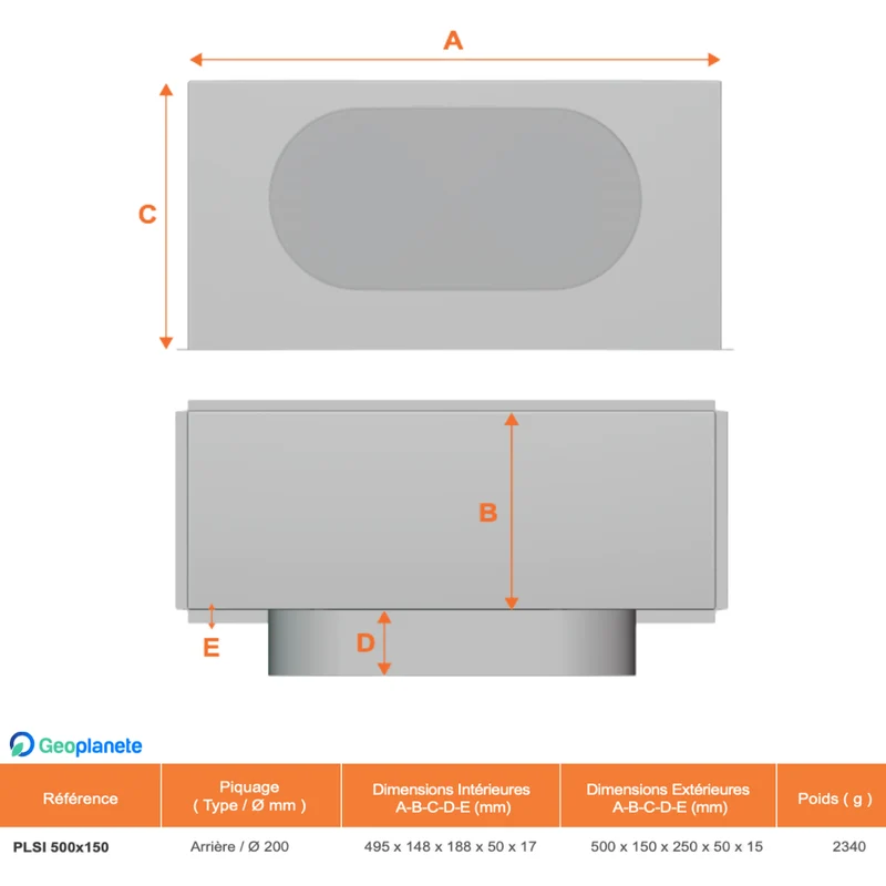 Plénum acier isolé pour grille de soufflage de 500 x150 mm (sortie arrière)