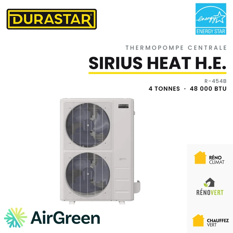 Thermopompe Centrale DURASTAR Sirius Heat Haute Efficacité | 4 Tonnes - 48000 BTU - R454B