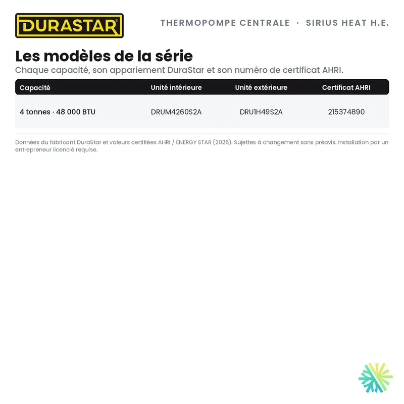 Thermopompe Centrale DURASTAR Sirius Heat Haute Efficacité | 4 Tonnes - 48000 BTU - R454B