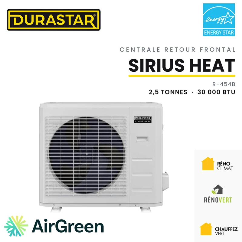 Thermopompe Centrale Retour Frontal DURASTAR Sirius Heat | 2.5 Tonnes - 30000 BTU - R454B
