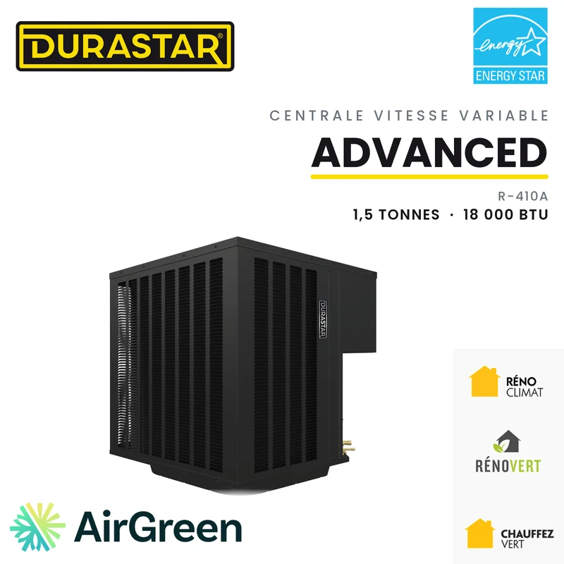 Thermopompe Centrale Vitesse Variable DURASTAR Advanced | 1.5 Tonnes - 18000 BTU - R410A