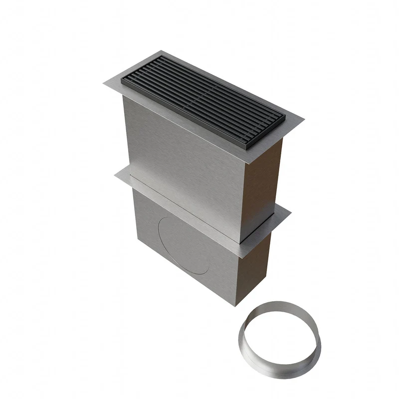 Grille de sol de 400 x 150 mm en aluminium laqué gris RAL9006, avec plénum acier