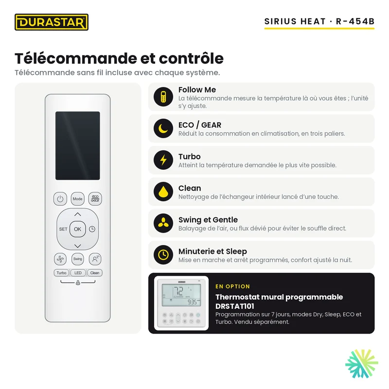 Thermopompe Murale DURASTAR Sirius Heat | 12000 BTU - R454B