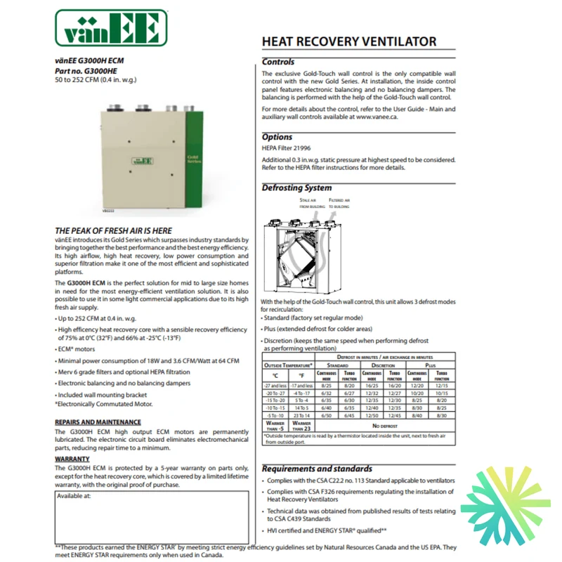 Échangeur d'Air vänEE® Gold Series™ HRV G3000HE | Montréal, Laval, Longueuil, Rive Sud et Rive Nord