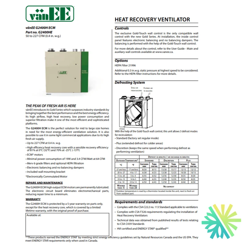 Échangeur d'Air vänEE® Gold Series™ HRV G2400HE | Montréal, Laval, Longueuil, Rive Sud et Rive Nord