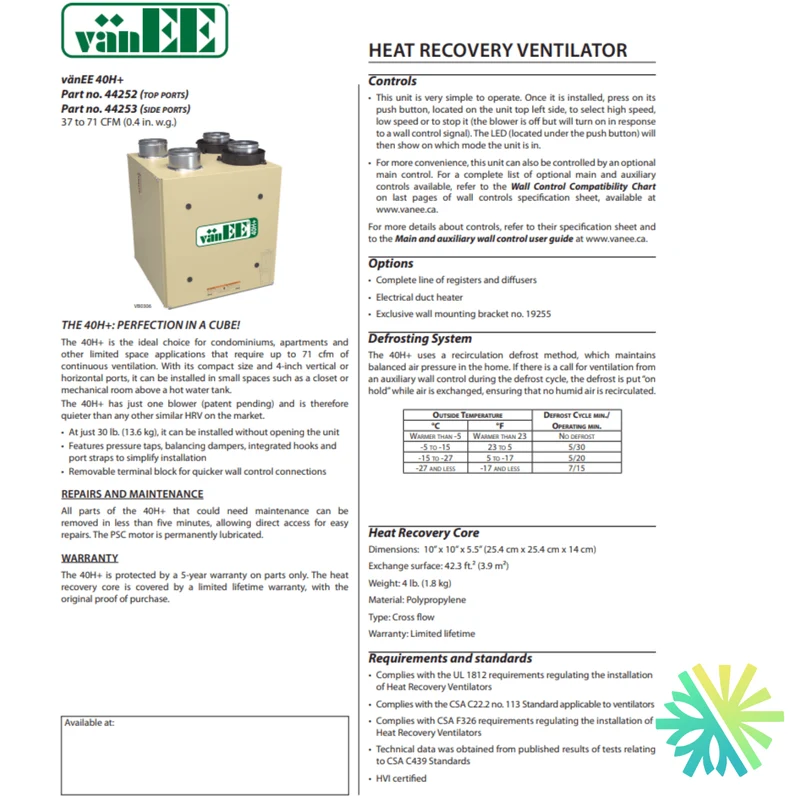 Échangeur d'Air vänEE® Bronze Series™ HRV 44252 | Montréal, Laval, Longueuil, Rive Sud et Rive Nord