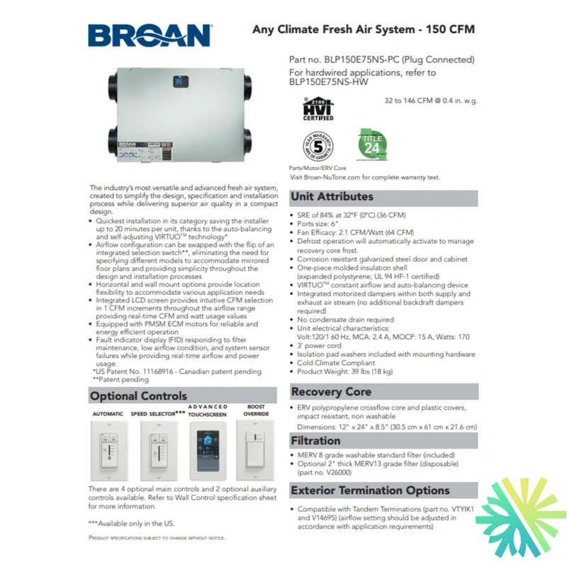 Échangeur d'Air Broan ERV BLP150E75NS-HW | Montréal, Laval, Longueuil, Rive Sud et Rive Nord
