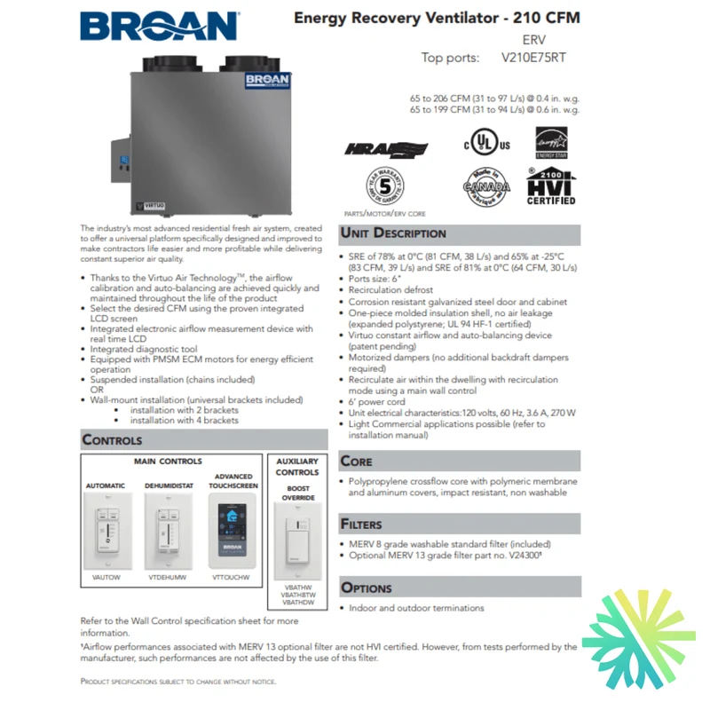 Échangeur d'Air Broan-NuTone ERV V210E75RT | Montréal, Laval, Longueuil, Rive Sud et Rive Nord
