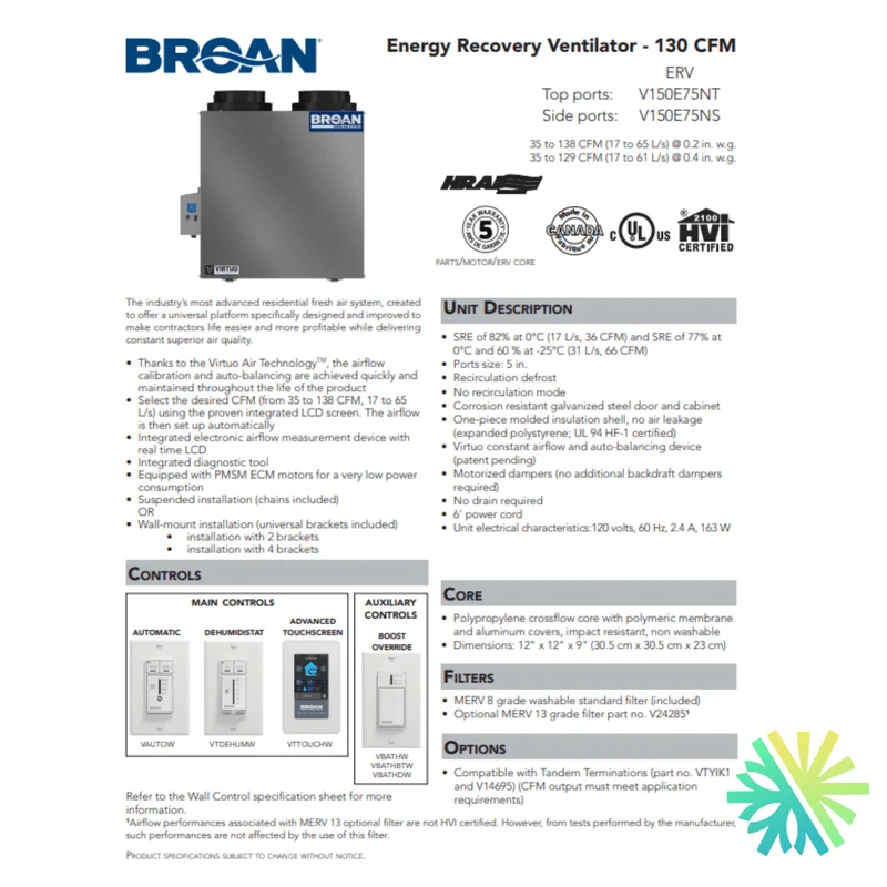 Échangeur d'Air Broan-NuTone ERV V150E75NS | Montréal, Laval, Longueuil, Rive Sud et Rive Nord