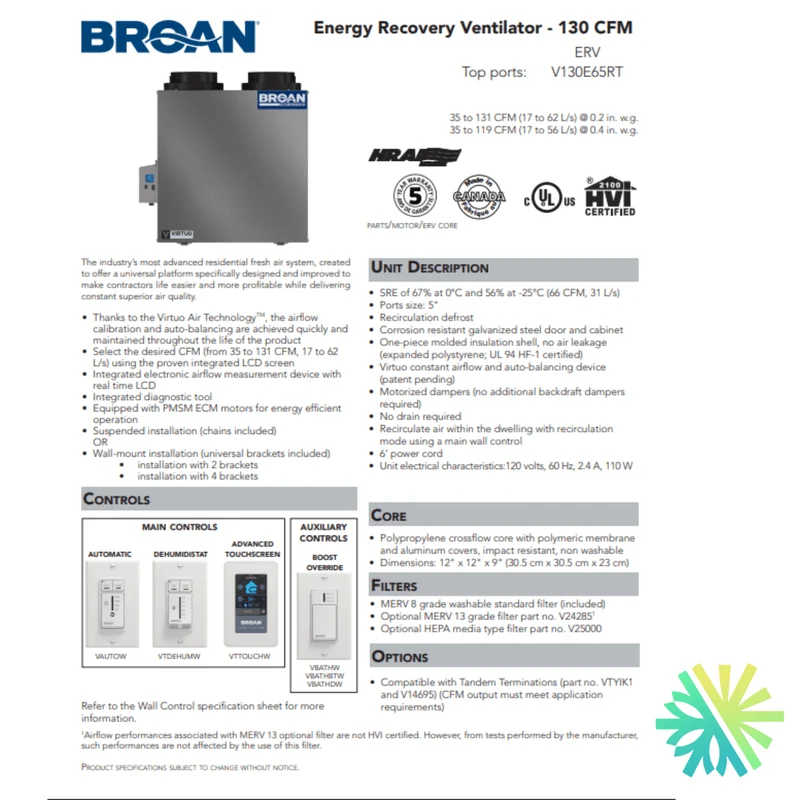 Échangeur d'Air Broan-NuTone ERV V130E65RT | Montréal, Laval, Longueuil, Rive Sud et Rive Nord