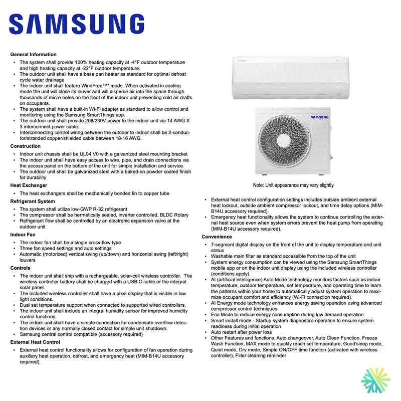 Thermopompe Murale SAMSUNG WindFree MaxHeat R32 30°C | 15 000 BTU