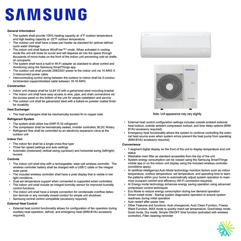 Thermopompe Murale SAMSUNG WindFree MaxHeat R32 -30°C | 18 000 BTU