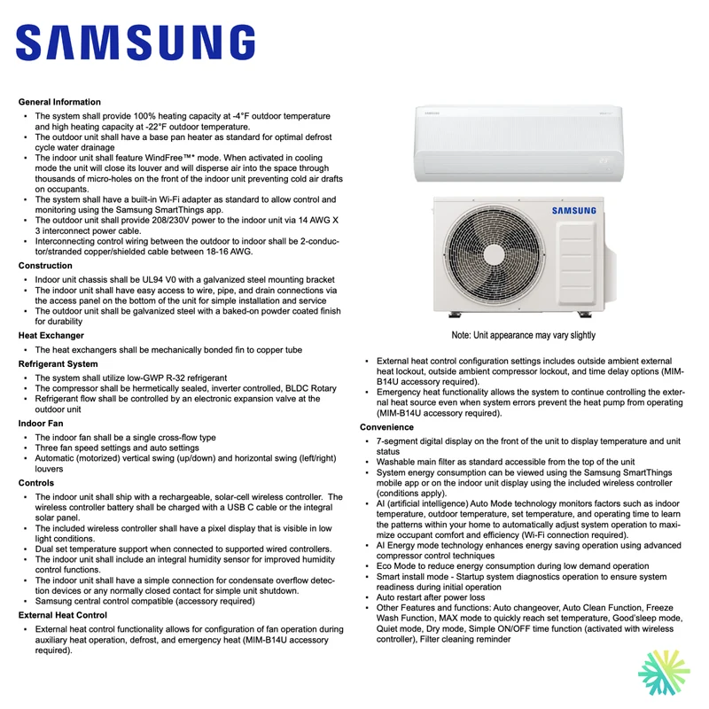 Thermopompe Murale SAMSUNG WindFree MaxHeat R32 -30°C | 12 000 BTU