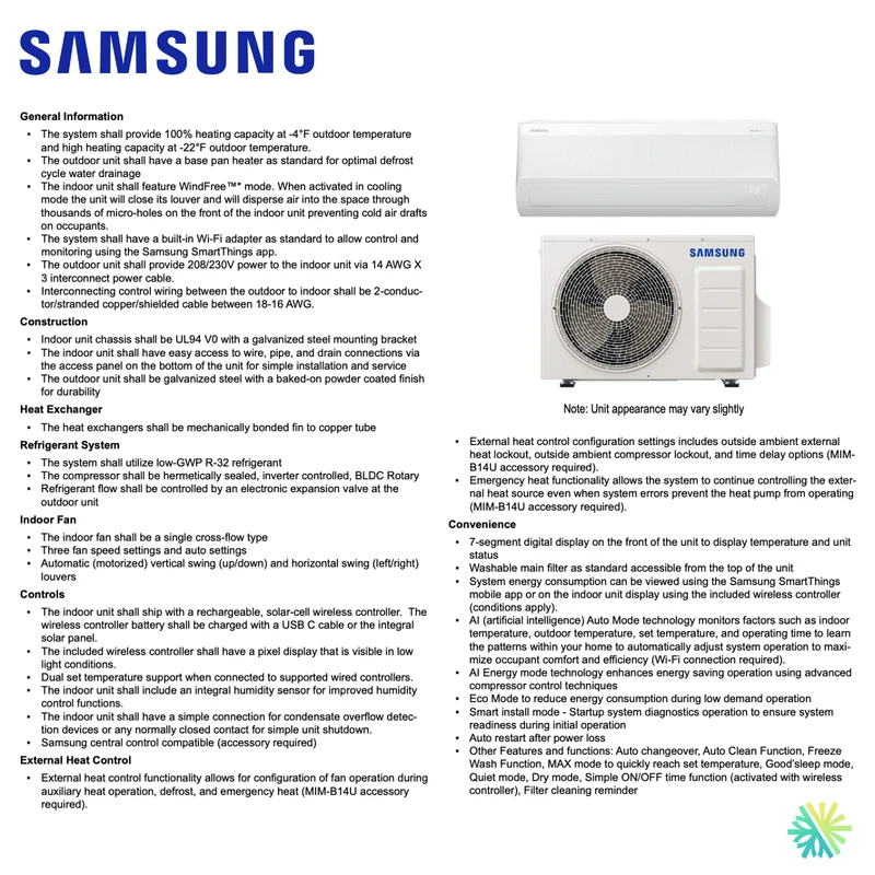 Thermopompe Murale SAMSUNG WindFree MaxHeat R32 -30°C | 9 000 BTU