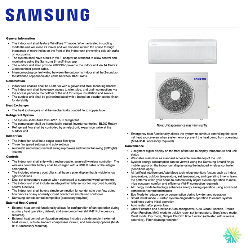 Thermopompe Murale SAMSUNG WindFree Standard R32 | 18 000 BTU