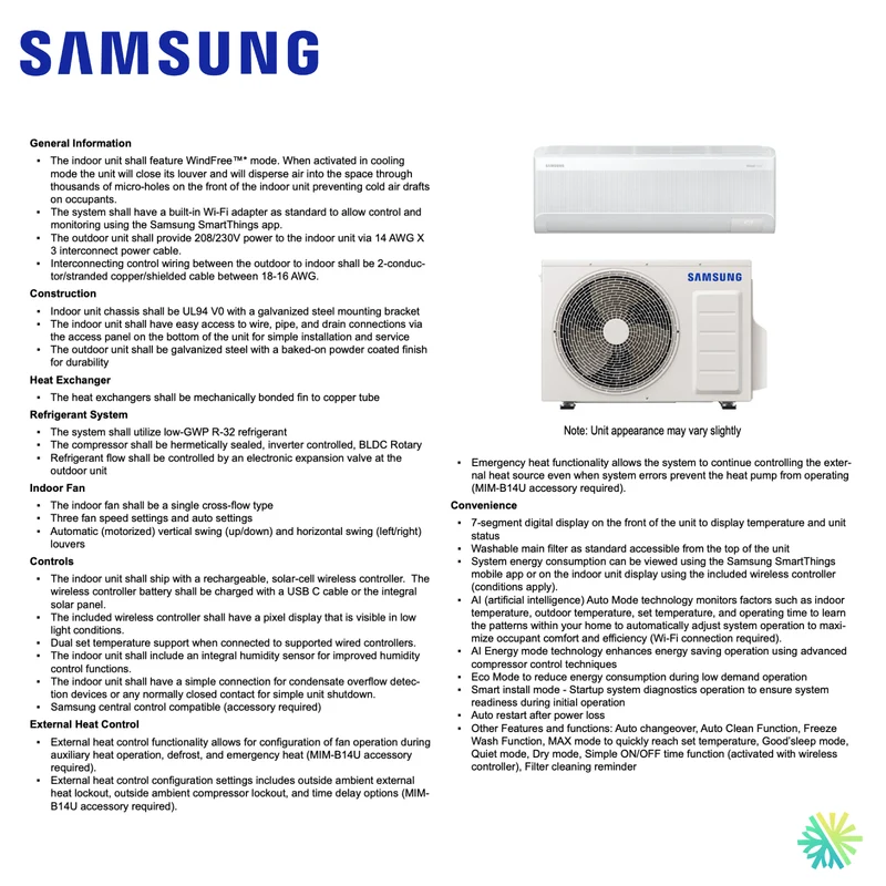 Thermopompe Murale SAMSUNG WindFree Standard R32 | 9 000 BTU