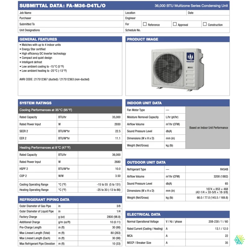 Thermopompe Murale 3-Zones FORESTAIR MZ R454B | Ext: 36000 BTU