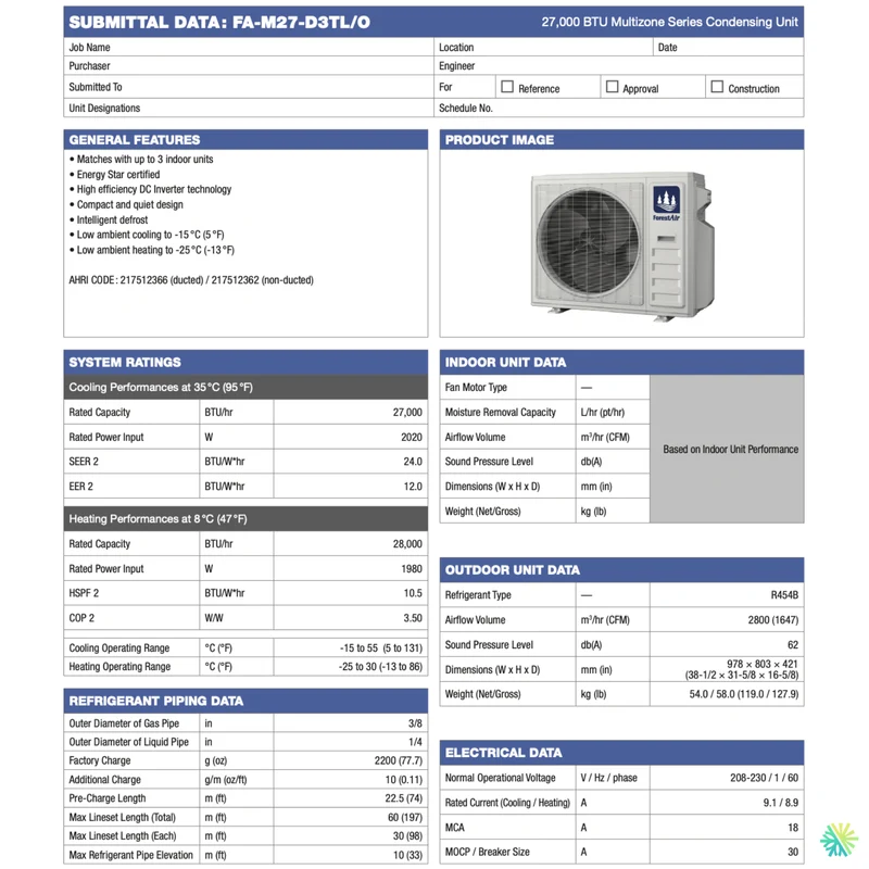 Thermopompe Murale 3-Zones FORESTAIR MZ R454B | Ext: 27000 BTU