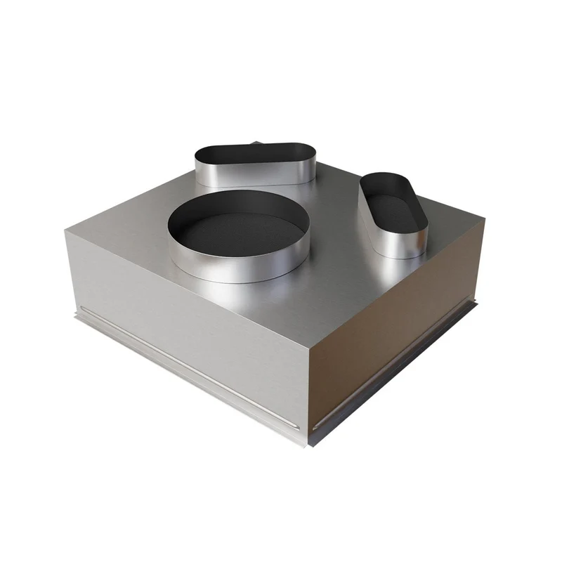 Plénum acier isolé de 600 x 600 mm avec 2 piquages arrières Ø 200 + 1x Ø 250 mm