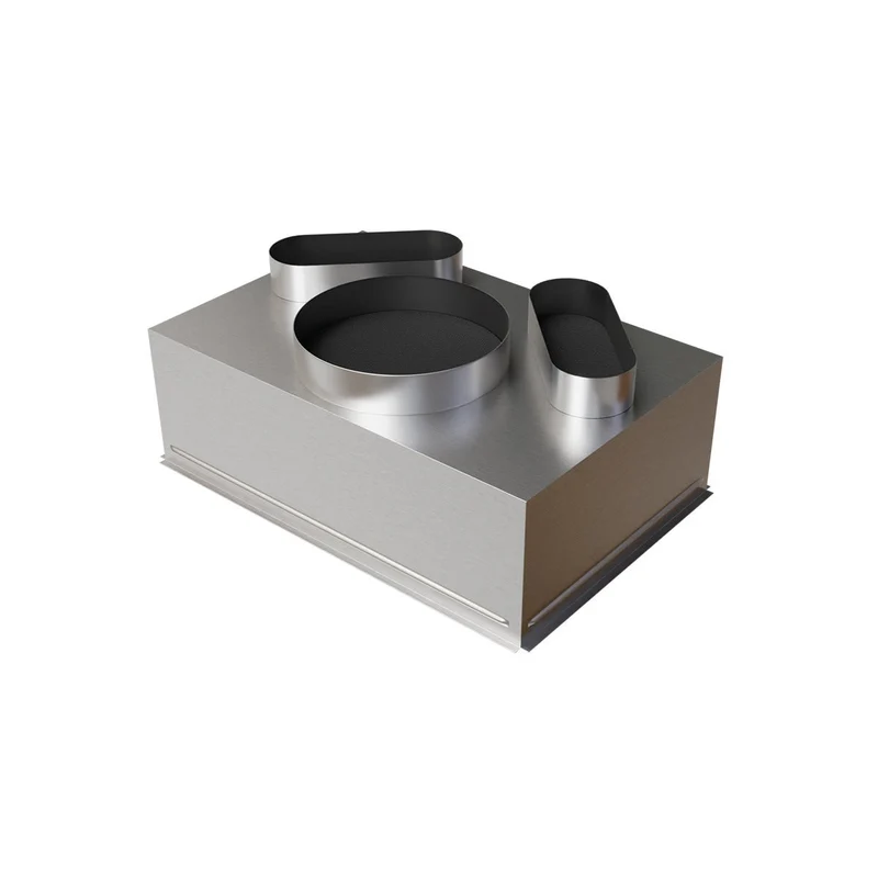 Plénum acier isolé de 600 x 400 mm avec 2 piquages arrières Ø 200 + 1x Ø 250 mm