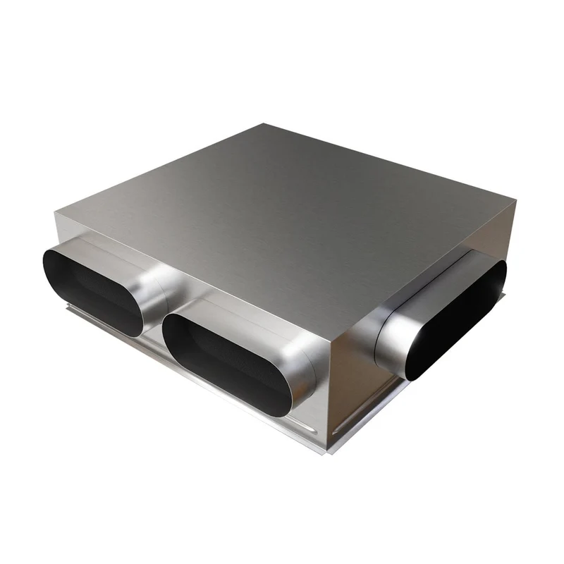 Plénum acier isolé de 600 x 600 mm avec 2 piquages latéraux Ø 200 + 1x Ø 250 mm