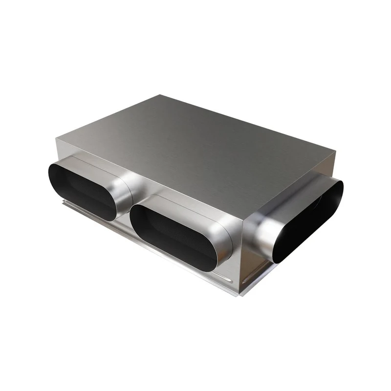 Plénum acier isolé de 600 x 400 mm avec 2 piquages latéraux Ø 200 + 1x Ø 250 mm