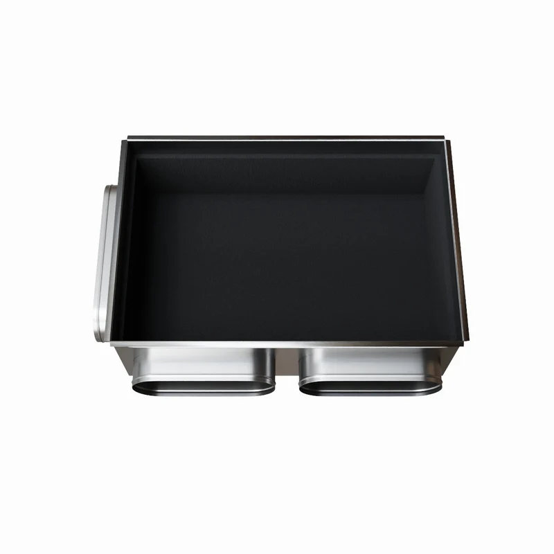 Plénum acier isolé de 600 x 400 mm avec 2 piquages latéraux Ø 200 + 1x Ø 250 mm