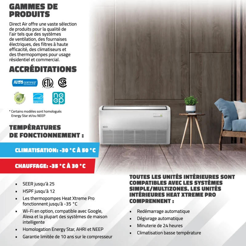 DIRECT AIR : Unité Plancher-Plafond Heat Xtreme Pro (-35 °C) R410a | 18 000 BTU