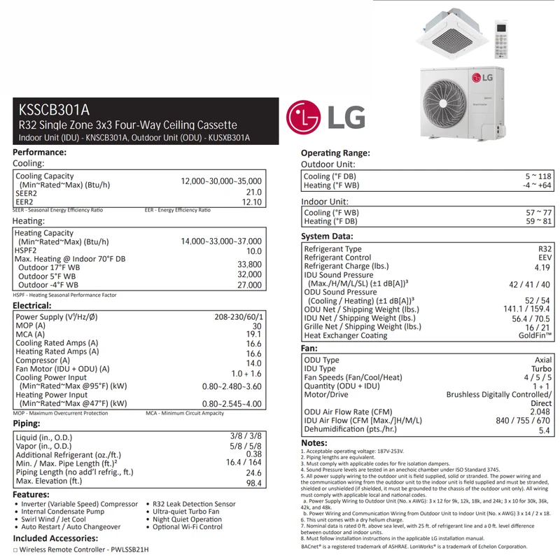 LG : Plafonnier de type cassette 3x3 | 30 000 BTU