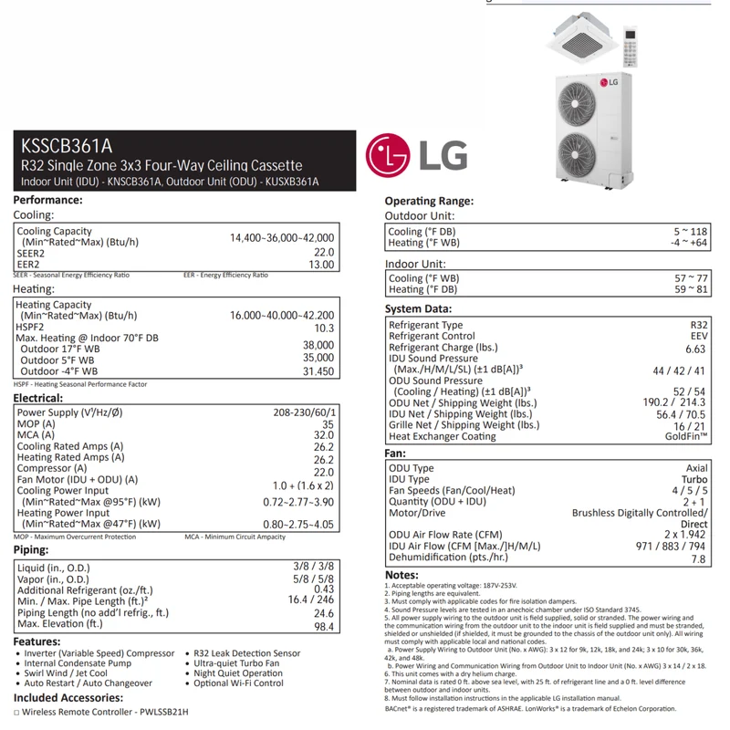 LG : Plafonnier de type cassette 3x3 | 36 000 BTU