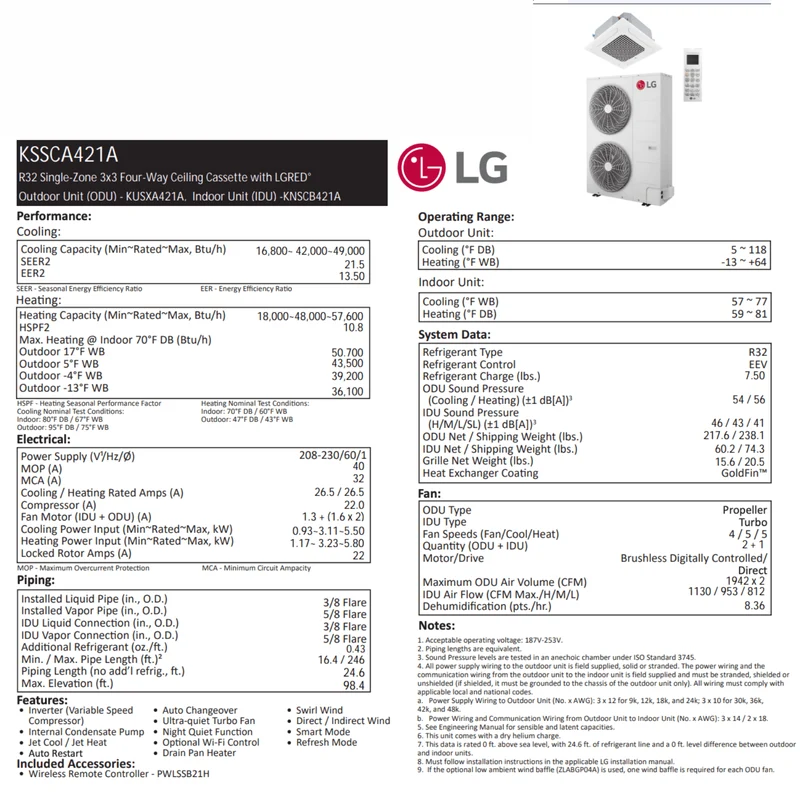 LG : Plafonnier de type cassette 3X3 LGRED | 42 000 BTU