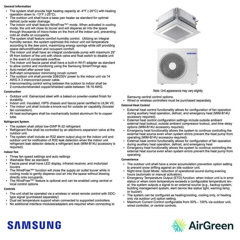 Cassette 4-Voies SAMSUNG WindFree R32 | 18 000 BTU