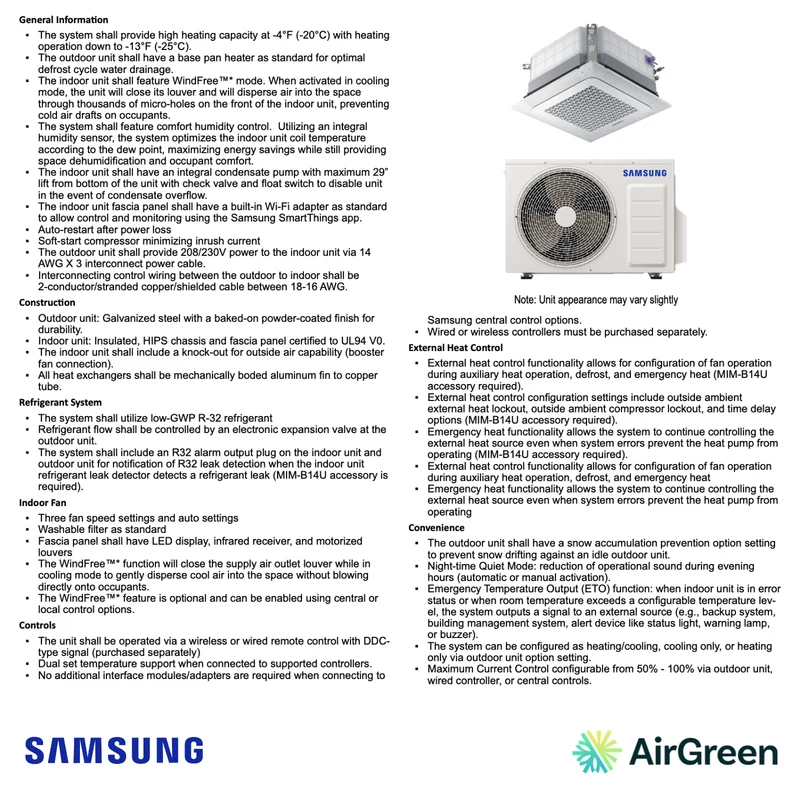 Cassette 4-Voies SAMSUNG WindFree R32 | 12 000 BTU