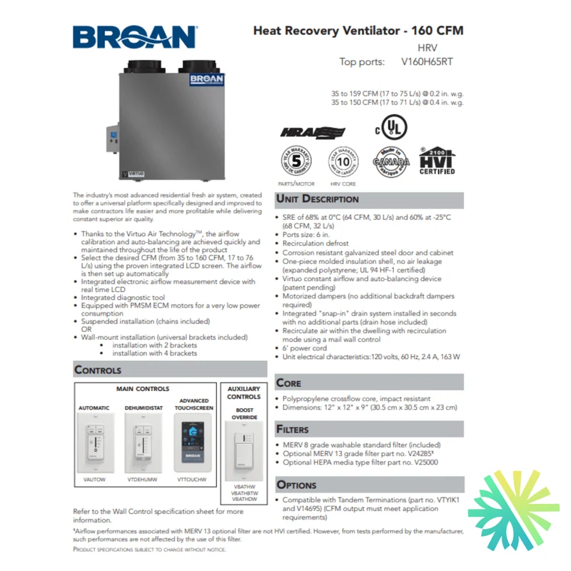 Échangeur d'Air Broan-NuTone HRV V160H65RT | Montréal, Laval, Longueuil, Rive Sud et Rive Nord
