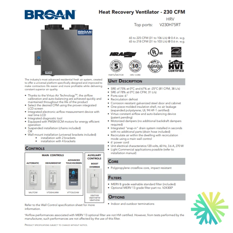 Échangeur d'Air Broan-NuTone HRV V230H75RT | Montréal, Laval, Longueuil, Rive Sud et Rive Nord