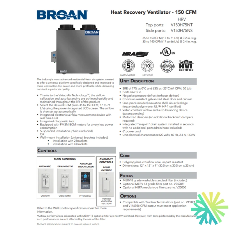 Échangeur d'Air Broan-NuTone HRV V150H75NS | Montréal, Laval, Longueuil, Rive Sud et Rive Nord