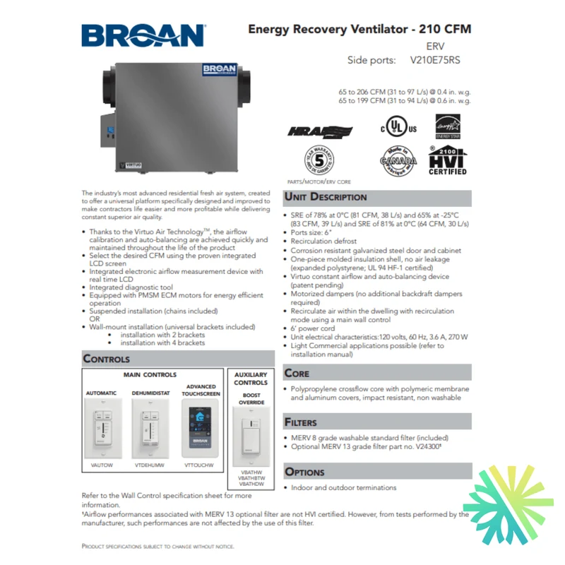 Échangeur d'Air Broan-NuTone ERV V210E75RS | Montréal, Laval, Longueuil, Rive Sud et Rive Nord