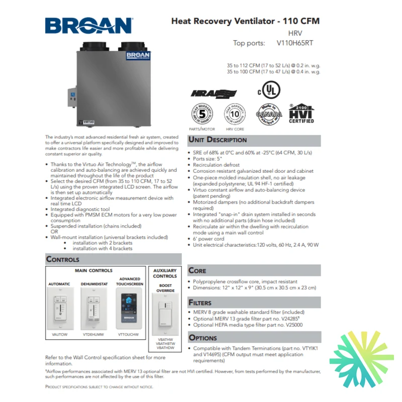 Échangeur d'Air Broan-NuTone HRV V110H65RT | Montréal, Laval, Longueuil, Rive Sud et Rive Nord