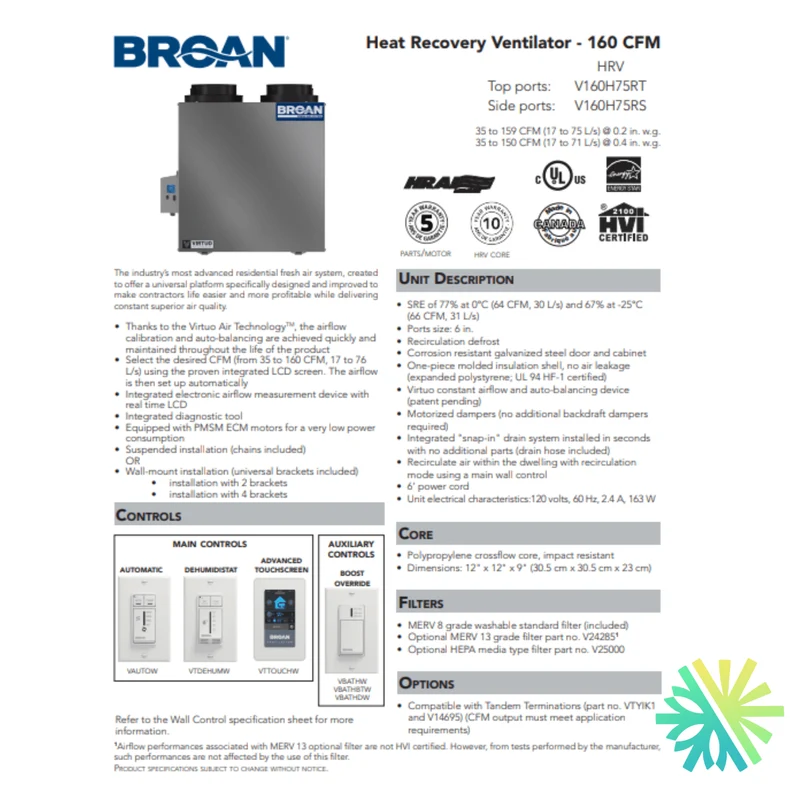 Échangeur d'Air Broan-NuTone HRV V160H75RS | Montréal, Laval, Longueuil, Rive Sud et Rive Nord