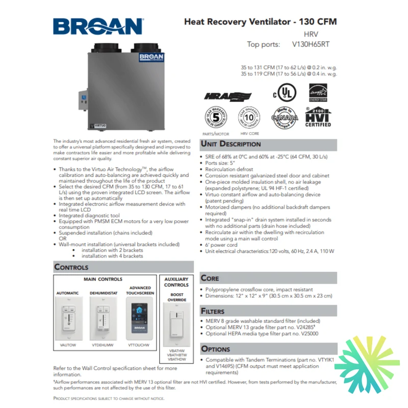 Échangeur d'Air Broan-NuTone HRV V130H65RT | Montréal, Laval, Longueuil, Rive Sud et Rive Nord