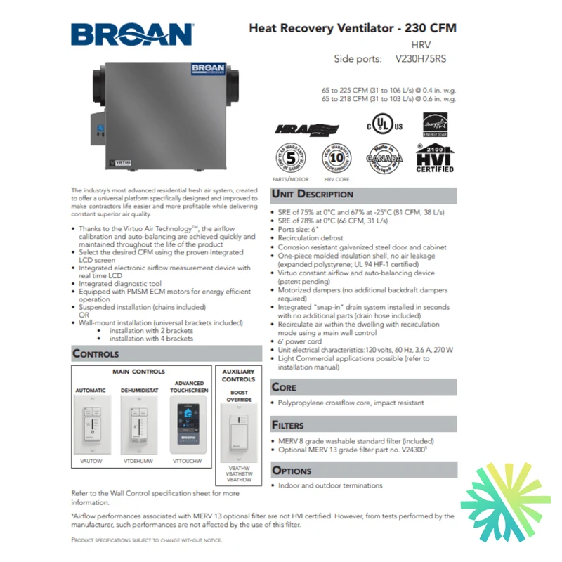 Échangeur d'Air Broan-NuTone HRV V230H75RS | Montréal, Laval, Longueuil, Rive Sud et Rive Nord