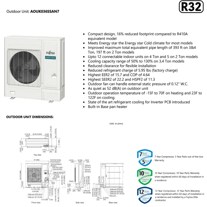 FUJITSU AIRSTAGE J-7S Mini-VRF R32 | 36000 BTU - 1 Tête