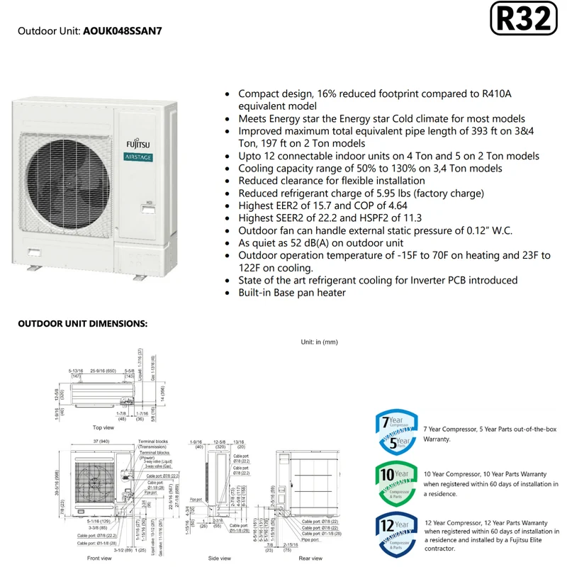 FUJITSU AIRSTAGE J-7S VRF R32 | 48000 BTU - 8 Unités Intérieures