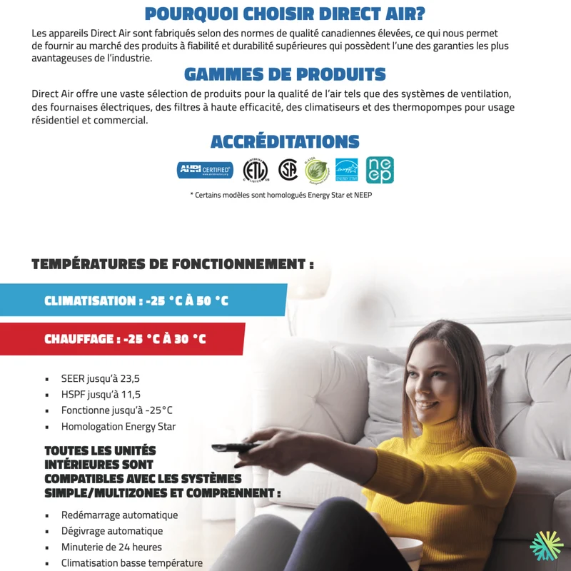 Thermopompe 2-Têtes DIRECT AIR DA25 (-25°C) | Ext : 27000 BTU