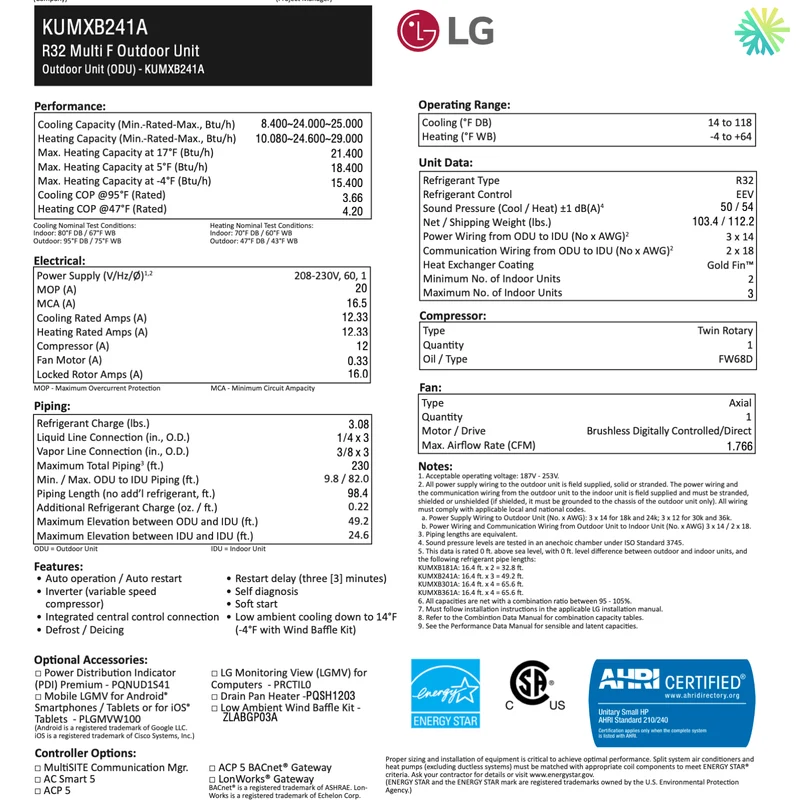Thermopompe DoubleZone LG MULTI F R32 | Compresseur 24000 BTU