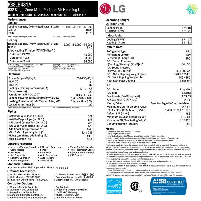 Thermopompe Centrale LG R32 | 4 Tonnes - 48 000 BTU